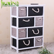 九信家具田园泡桐木框边柜,麦秆编织多功能角柜,型号JXF-麦秆八抽