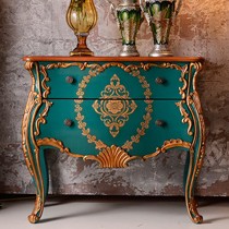 优梵艺术美式乡村边柜,洛可可手绘花纹实木边柜,孔雀绿色桦木边柜