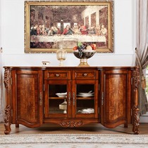 欧意居实木色长方形餐边柜,橡胶木仿古雕花四门碗柜,型号:88-23B