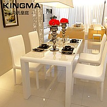 马氏皇庭优雅清新全白色钢琴烤漆餐桌,搭配皮椅造型高档大气,型号:T013