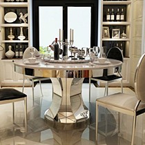 洛克威登不锈钢大理石餐桌,圆形双层带转盘时尚饭桌,型号598