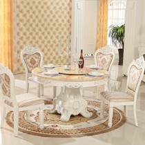 玛丽格勒雕花描银实木餐桌,天然大理石圆形餐桌椅组合