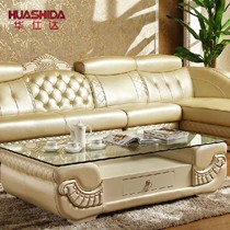 华仕达欧式橡木大客厅茶几,高级钢化玻璃台面晶莹剔透,金漆描边真皮拉线工艺