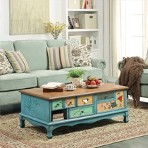 纽罗宾纯手工彩绘实木茶几,复古水曲柳乡村茶桌收纳台,型号: T001-002