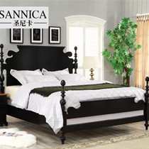 圣尼卡天然实木家居卧床, JS721A黑色卧室双人床,原木美式乡村家具