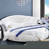 莱茵斯顿大师设计真皮双人床,简约现代牛奶白卧室床,圆形床的典雅风范