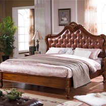 鹏叶家具美式乡村实木床,1.8*2.0m双人床,真皮复古雕花床