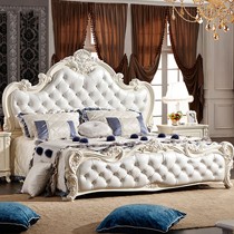 法利亚白色真皮双人床,描银雕花实木床,1.8*2.0米皮艺双人床