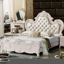 法兰尼拉欧式实木双人床组合,雕花描银卧室大床套装,水晶拉钻皮艺床组合
