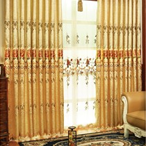 亿家帘玛西亚高档定制窗帘,全遮光欧式绣花窗帘,进口工艺富贵金色