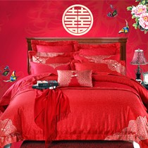 大红蕾丝花边婚庆九件套,艾维家纺结婚床上用品喜庆多件套,古典民族风货号: 60120210