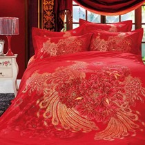 嘉信婚庆纯棉红色床品套件,古典民族风印花4件套,货号: JX1401