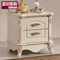 富创8850欧式实木床头柜,精美雕花储物柜,象牙白典雅环保边柜
