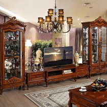 欧意居实木色长方形电视柜,橡胶木雕花半哑光储物柜,型号:88-12