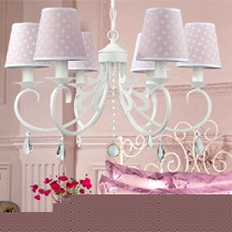 韩式田园糖果公主卧室吊灯,六头粉色布艺灯罩TG-D335型号灯饰,K9水晶吊坠儿童房吊灯