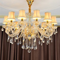 维妮复式楼客厅水晶吊灯,金色水晶吊坠客厅灯,6014布艺灯罩欧式吊灯