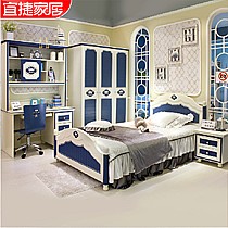 宜捷家居简约高贵单人床,蓝色字母环保组装儿童床,型号: FYT-301