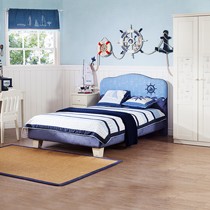 海蓝色宜家风格单人床,水曲柳实木儿童床,我爱我家布艺软包床FA71