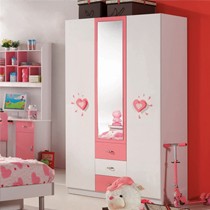 豪享家园836粉红色组装儿童衣柜,3门密度板带抽屉儿童储物衣橱