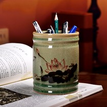 东方泥土现代中式摆件,手工绘制桌面装饰品,D13-02笔筒摆设品