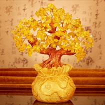 慈缘阁黄水晶发财树摆件,客厅摇钱树招财家居装饰品,树脂聚财袋水晶摆件