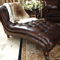 英堡来美式乡村贵妃椅,头层牛皮擦色沙发椅,做旧皮艺沙发躺椅