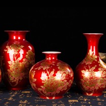 欢畅cb109大红色花器,红金沙赏瓶摆件,木底座水晶釉花瓶