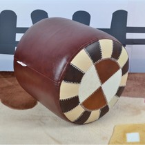 DO608实木框架现代简约换鞋凳,进口皮质宝马图案饰面小圆凳,带防滑脚钉精美封边矮凳