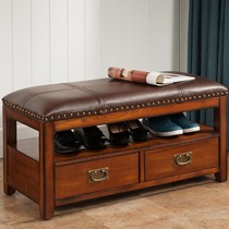 鹏叶美式乡村换鞋凳,实木古铜真皮雕花储物鞋柜,型号: H-98