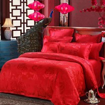水星家纺婚庆四件套,大红结婚套件,全棉提花四件套货号: 501008