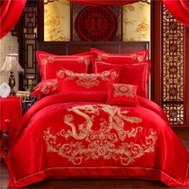 龙凤和鸣纯棉婚庆床上用品,2.0m绣花夫人多件套,大红色床品XH2152