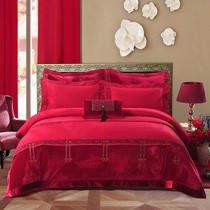 中国结提花家纺TY1760,罗莱家纺床盖式婚庆床品七件套,立体绣花枕套
