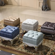 麦米欧式皮艺小方凳,拉钻精美脚踏凳,实木雕花描金客厅家具