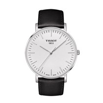 天梭银色圆形精钢石英手表,皮革扣带指针式防水手表,型号:T1096101603100