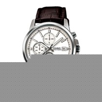 卡西欧银色圆形石英腕表,指针式真皮扣带防水手表,型号:MTH-5001L-7ADF