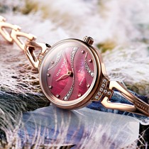 天王表酒红色圆形女士手表,不锈钢表带防水石英表,型号:LS3852P