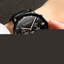 卡诗顿黑色圆形新款男表,皮质表带多功能防水商务表,型号:k-839