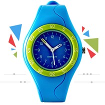 迪卡侬蓝色圆形儿童手表,树脂表带防水运动橡胶手表,型号:8360783