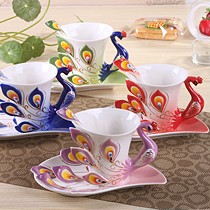 颐品陶瓷珐琅瓷彩色孔雀咖啡杯,轻薄陶胚立体翎毛生动精致孔雀杯