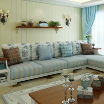 富妮卡斯L型木质沙发,地中海风情客厅转角沙发,蓝灰配色浪漫清新