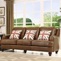 圣尼卡实木牛皮沙发组合,棕色复古皮艺沙发,MD3017组装沙发