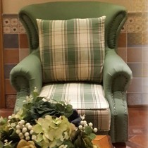 欧巢家居美式休闲布艺沙发椅,2162型茶绿色木质组装单人老虎椅