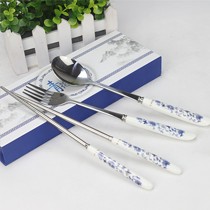 越然品牌蝶恋花系列中式陶瓷叉勺筷套装,高雅青花瓷印花勺筷组合