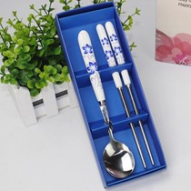 越然韩式三色印花勺筷套装,高档陶瓷勺筷礼品组合,货号: 青花瓷套装