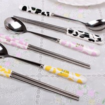 味家品牌韩式创意不锈钢勺筷组合,陶瓷勺筷餐具套装,卡通图案勺筷