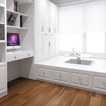 雨生白色书房全屋定制,榻榻米升降桌组合家具,弧形书柜衣柜一体化定做