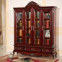 龙森复古欧式实木书柜,亮光描金红色组装书架,型号: 8801四门书柜