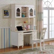 Ujoyulu/优家优乐雕花田园书架,一体化实木电脑书柜,奶白色金属拉手书桌