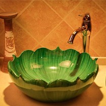 莫耶原创艺术洗手盆,绿色荷花型台盆,景德镇雕刻陶瓷台上盆Y704H-1