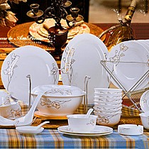 Yomerto景德镇陶瓷碗盘,金色镶边56头骨瓷餐具适用微波炉-型号: YM-C02588